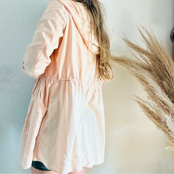 F21 FOREVER 21 Peach Pink Offset Zipper Light Hooded Anorak Trench Coat Jacket L - Picture 3 of 11